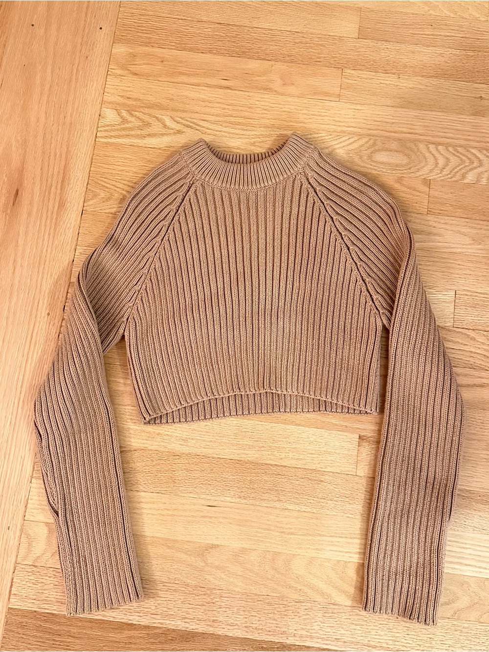 Zara Ribbed Cropped Crewneck Sweater - Camel/Tan